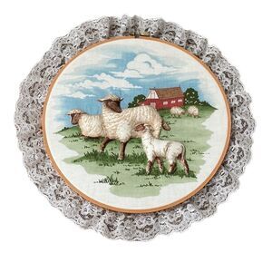 Vintage Sheep Farm Lace Embroidery Hoop Wall Art